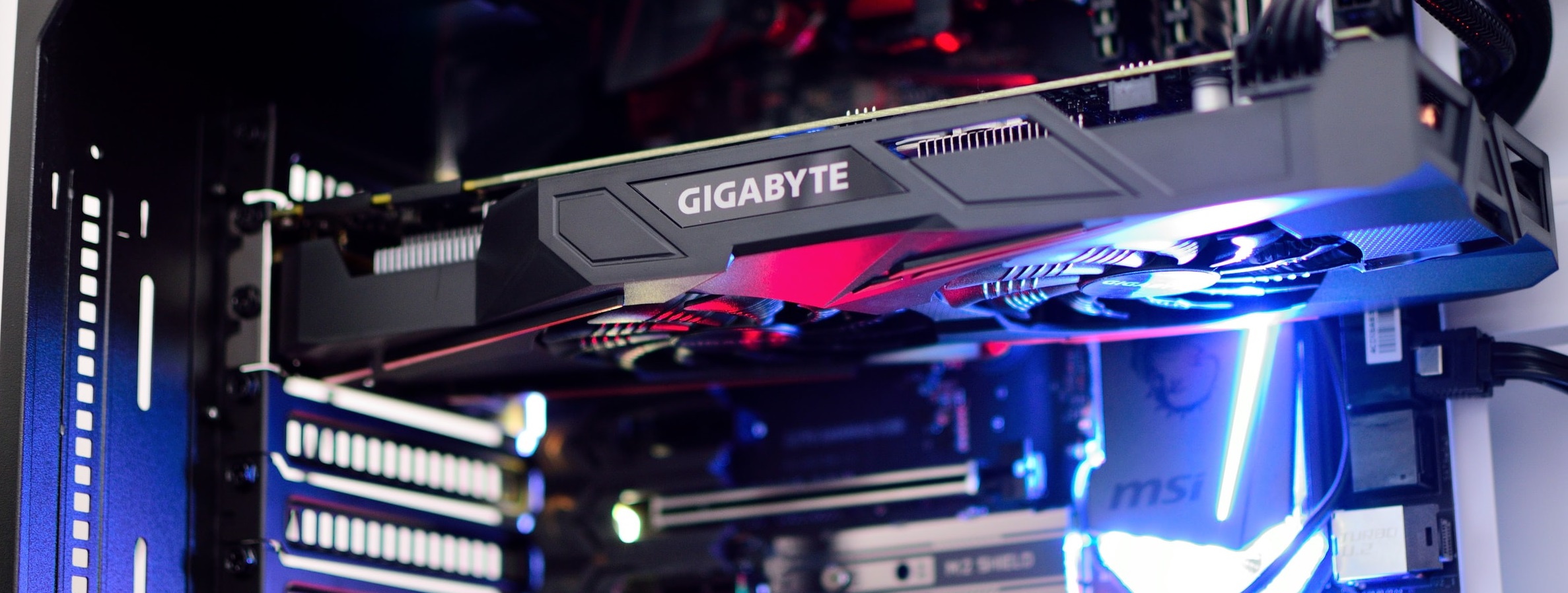 gigabyte graphic card inside a computer with blue neon light